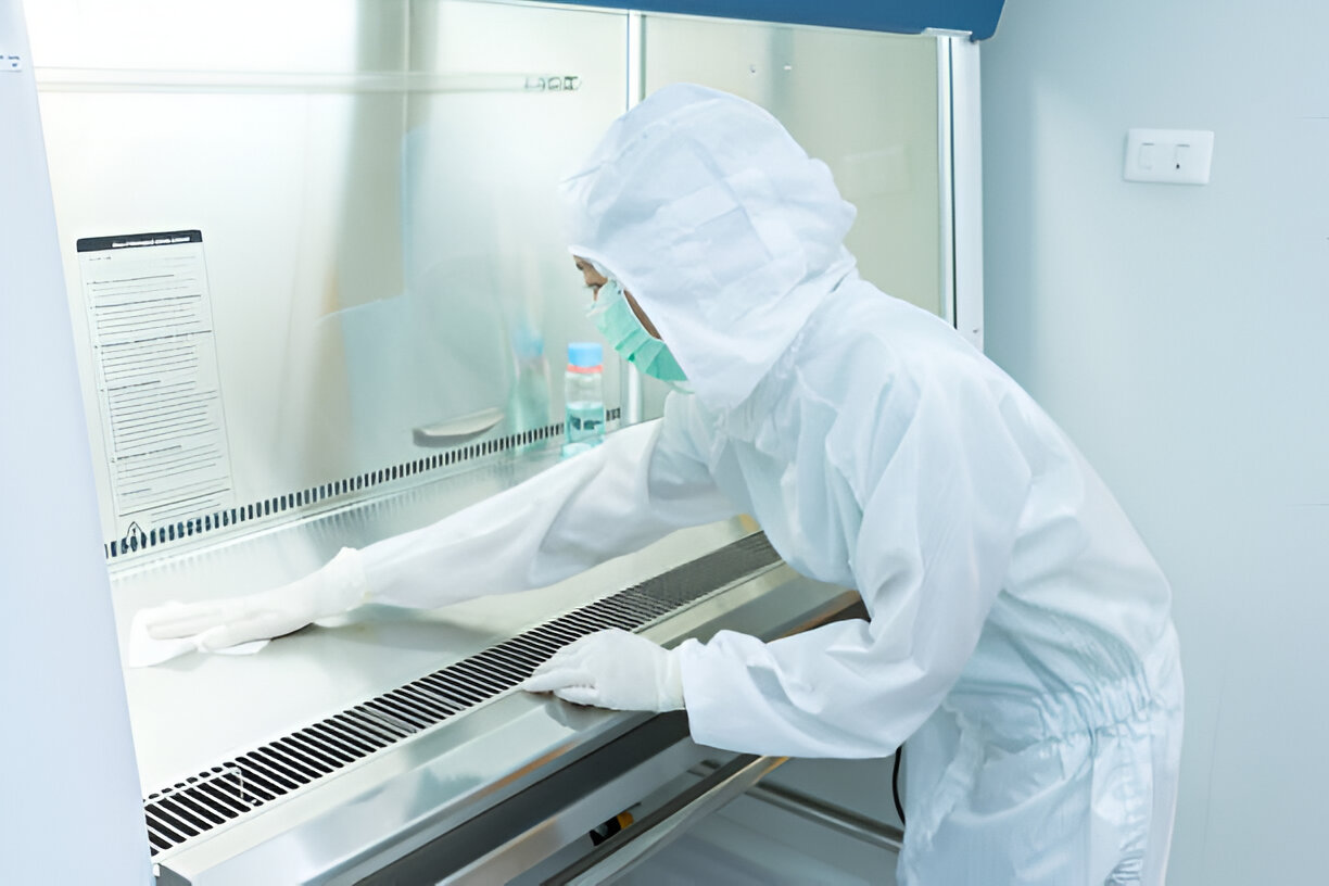 A technician in PPE uses a wiper to clean the cabinet