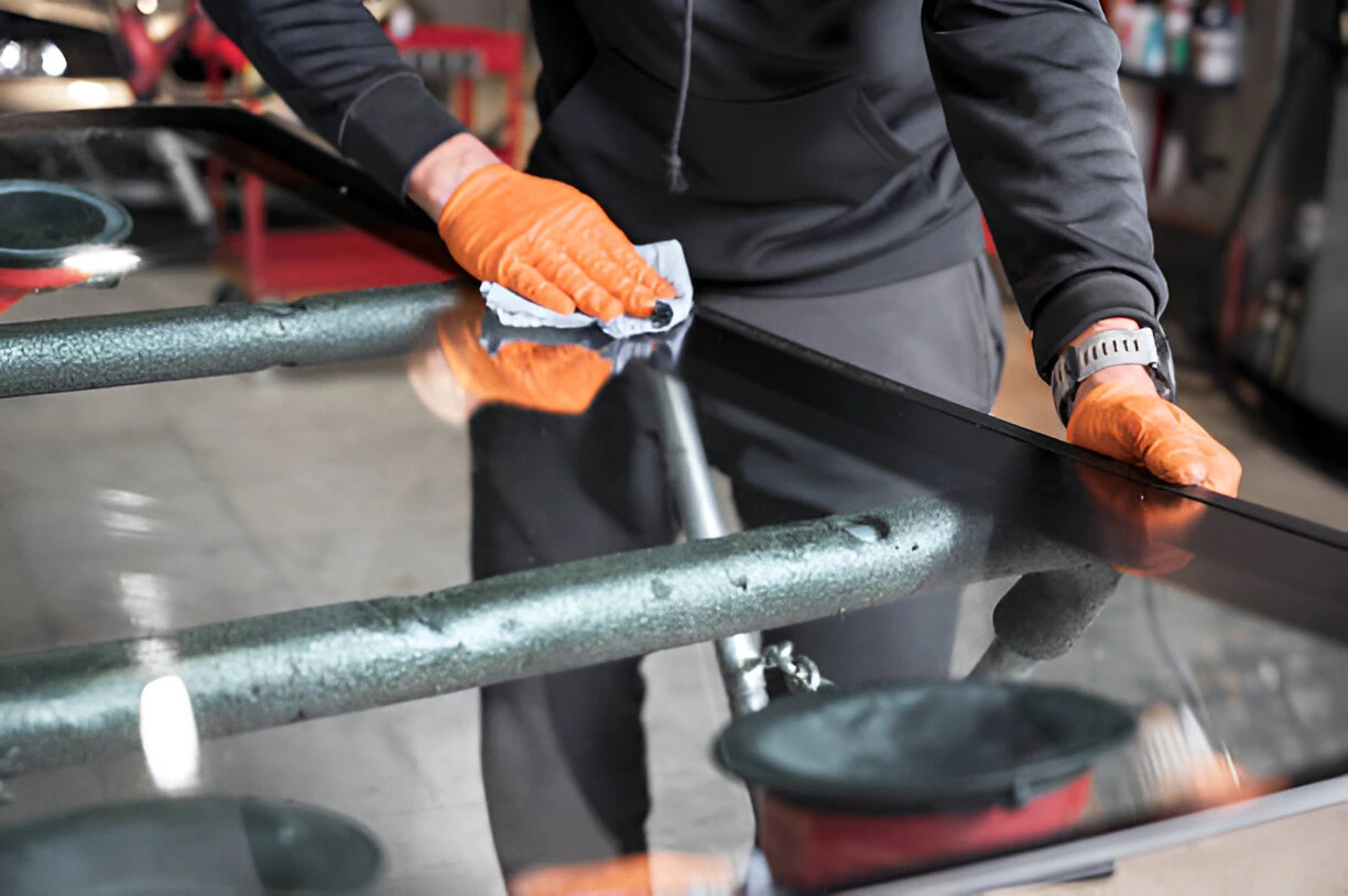 Unrecognizable Automobile glazier, cleaning car windshield in service garage