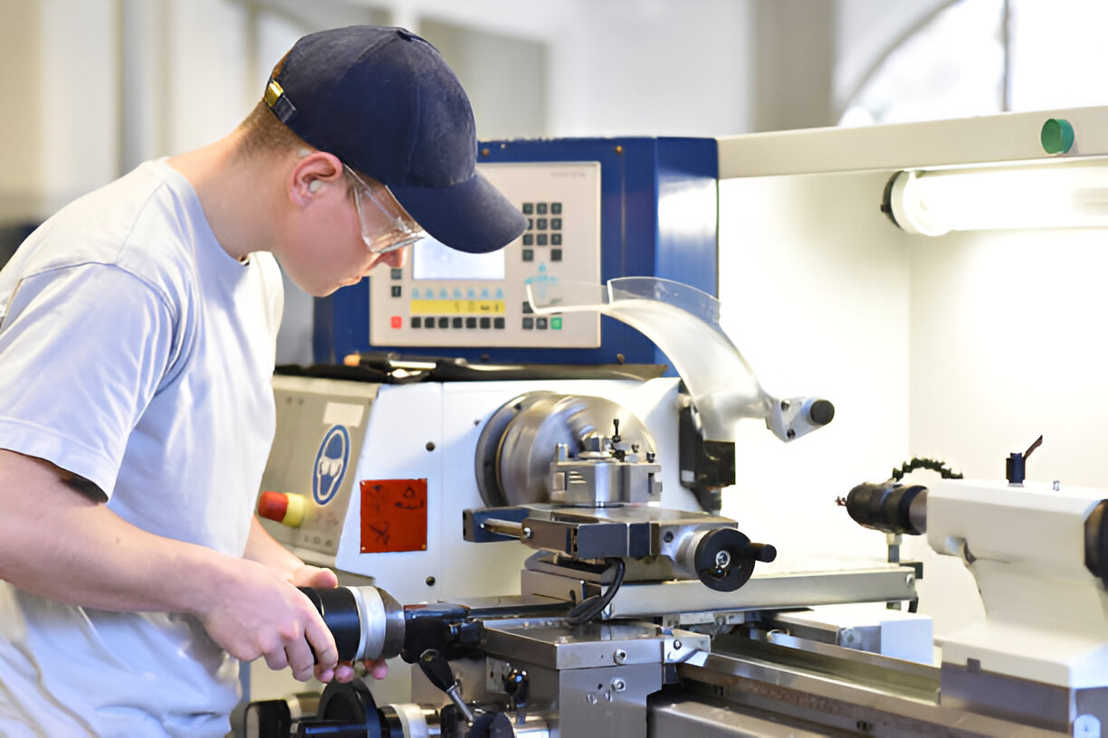 Young apprentice in vocational training working on a turning cnc machine in the industry