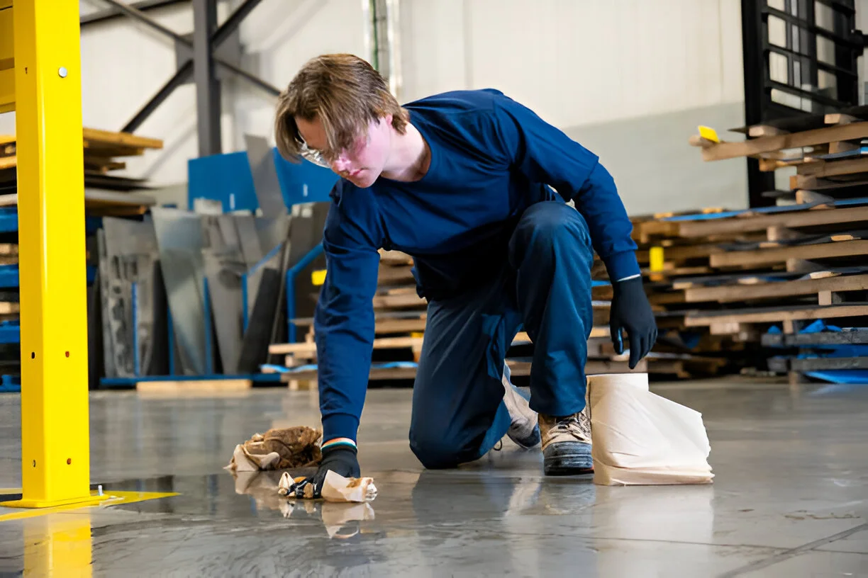 A male worker cleaning-up a slip hazard on the floor of an industrial plant.