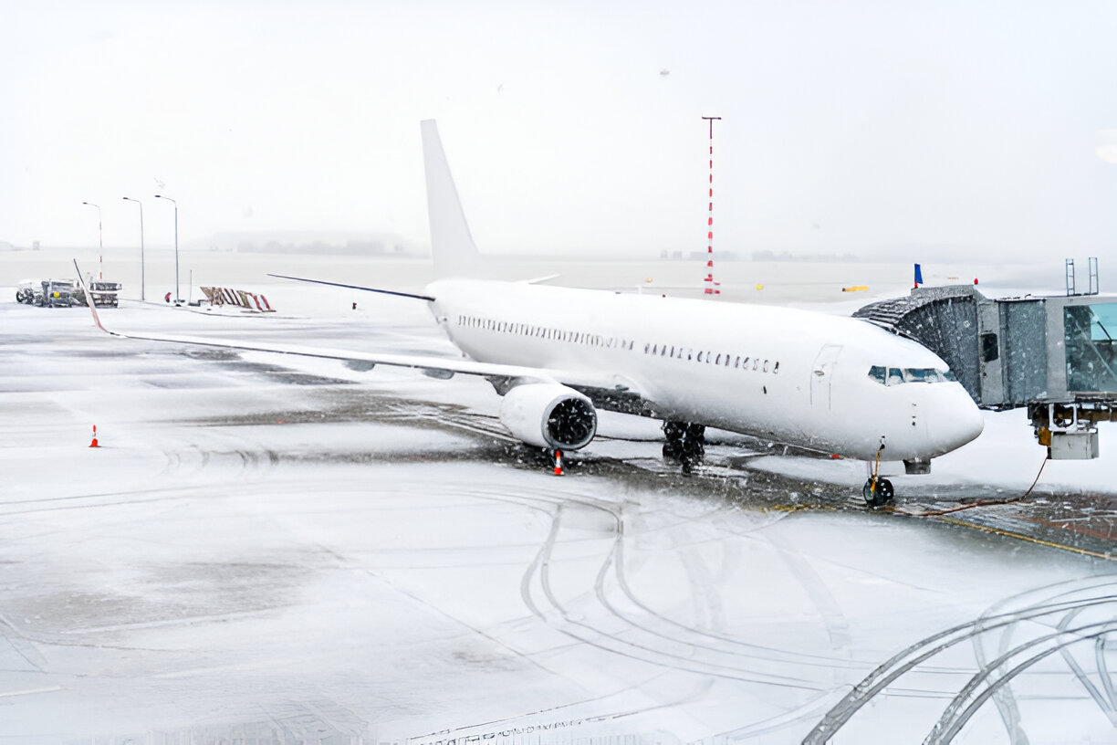 Horizontal color image of airplane during snowstorm.